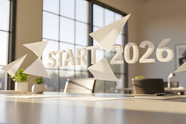 START 2026 Text with Paper Airplanes in Modern Office Concept