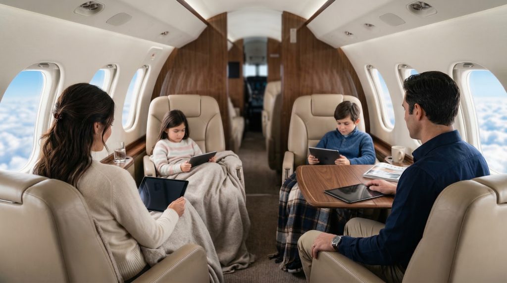 Family enjoying a comfortable private jet flight with tablets